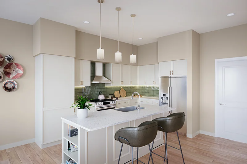 spacious, open-concept kitchen with island seating in senior apartment at Oak Trace Senior Living Community